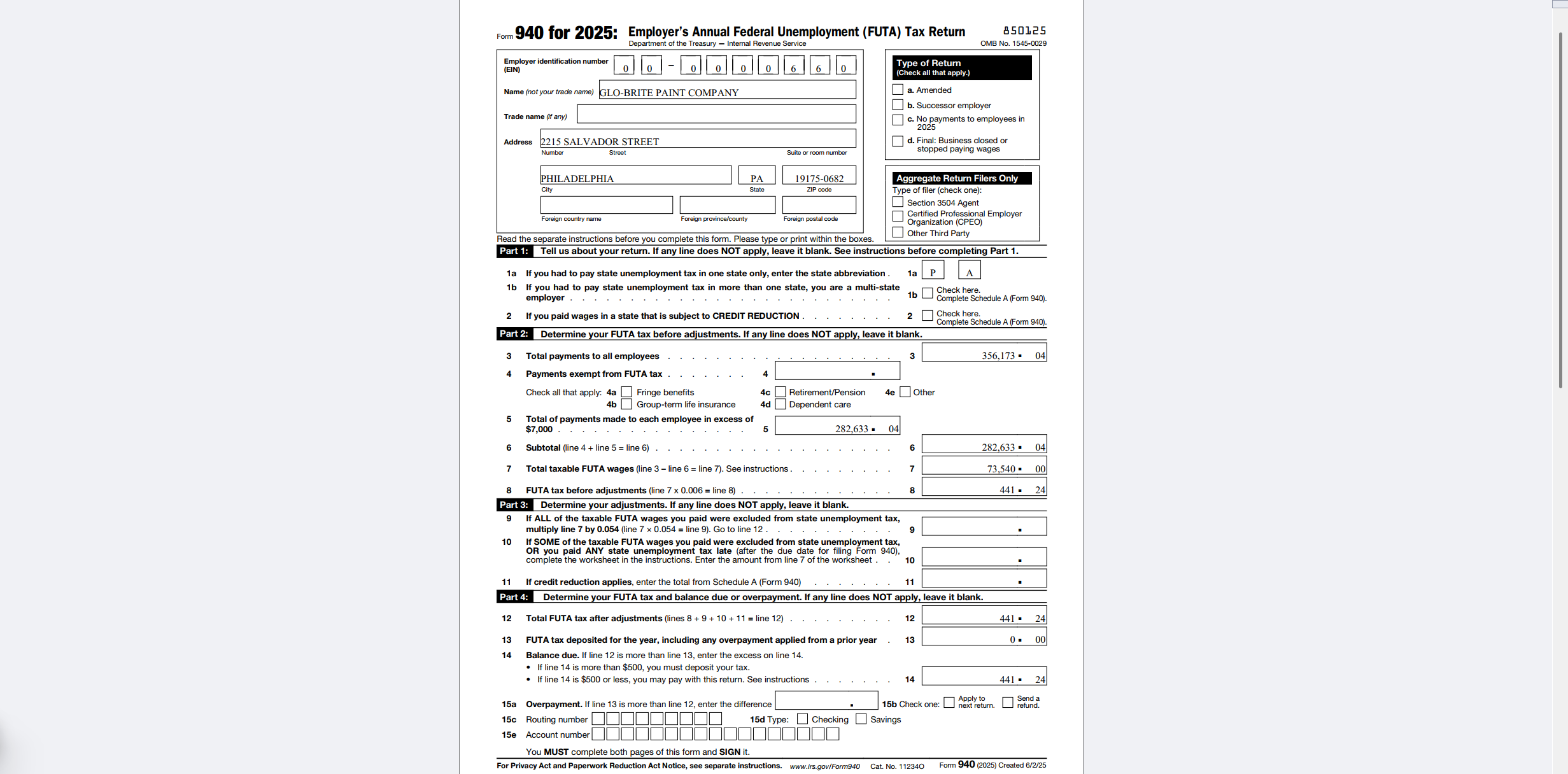 Form 940 — Annual FUTA Return